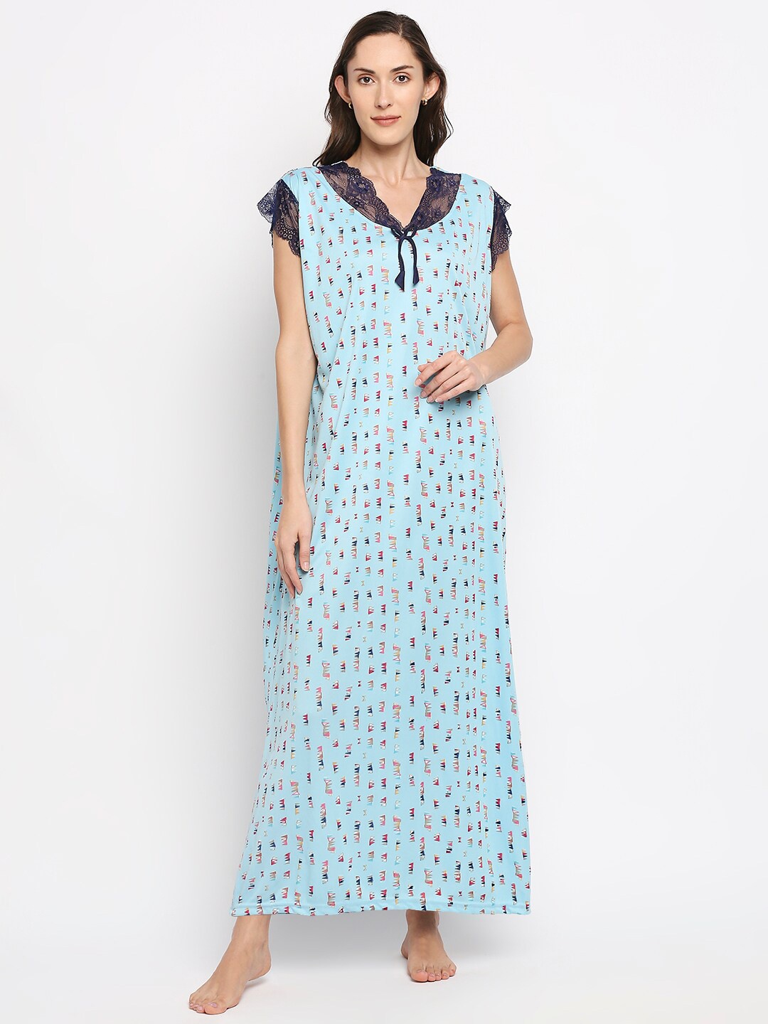 

Pretty Awesome Women Blue Geometric Printed Maxi Nightdress