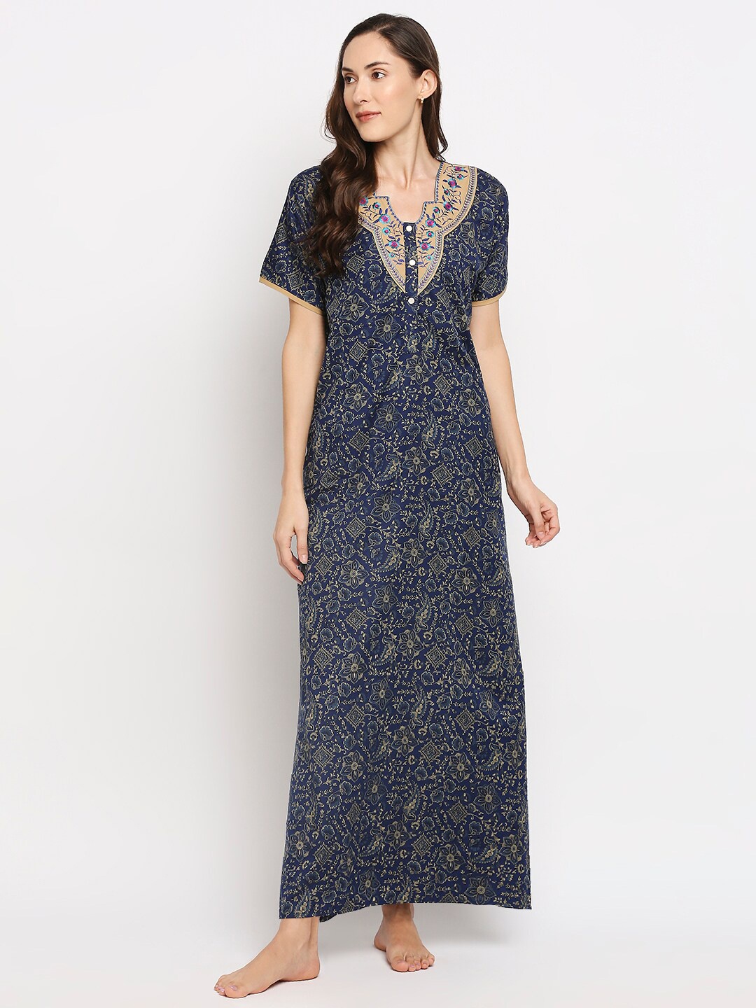 

Pretty Awesome Navy Blue Embroidered Cotton Blend Maxi Nightdress