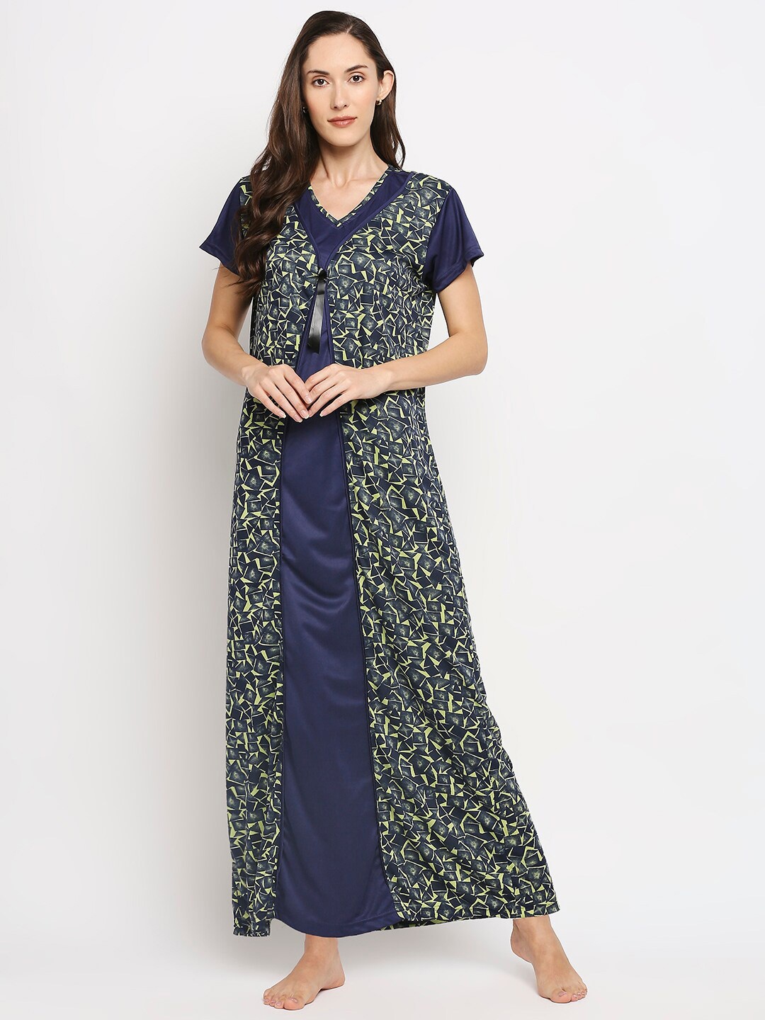 

Pretty Awesome Women Green Printed Maxi Nightdress