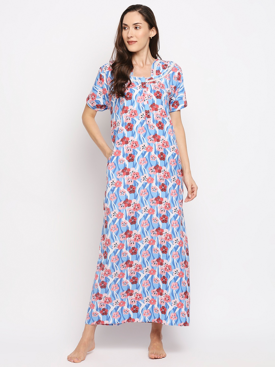 

Pretty Awesome Navy Blue Embroidered Maxi Nightdress