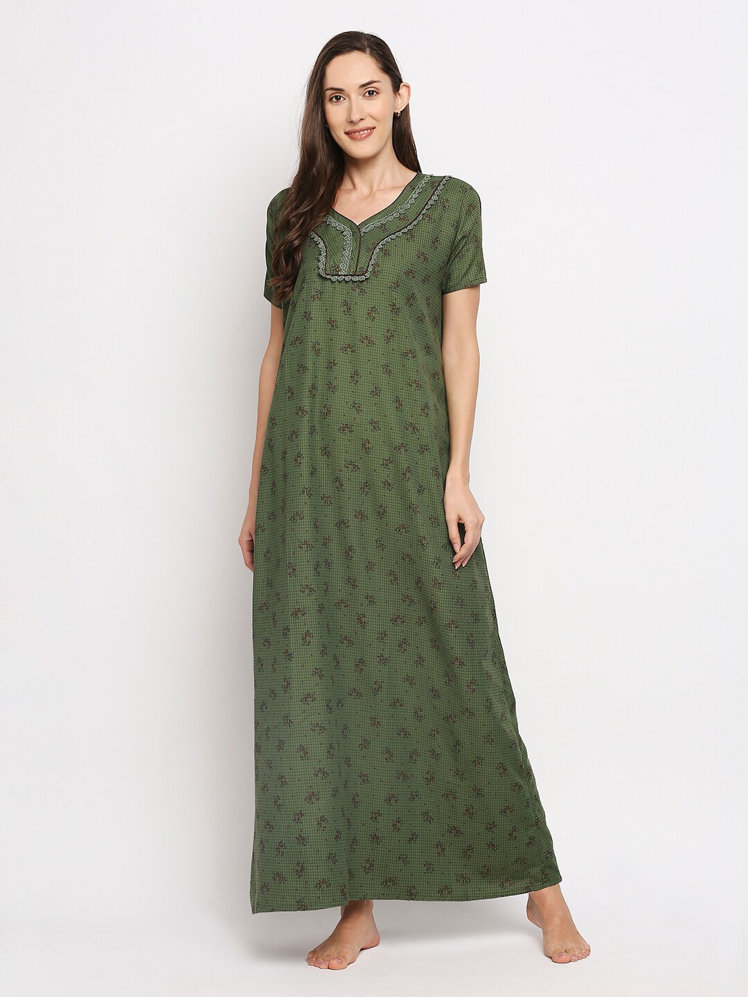 

Pretty Awesome Women Green Printed Maxi Nightdress