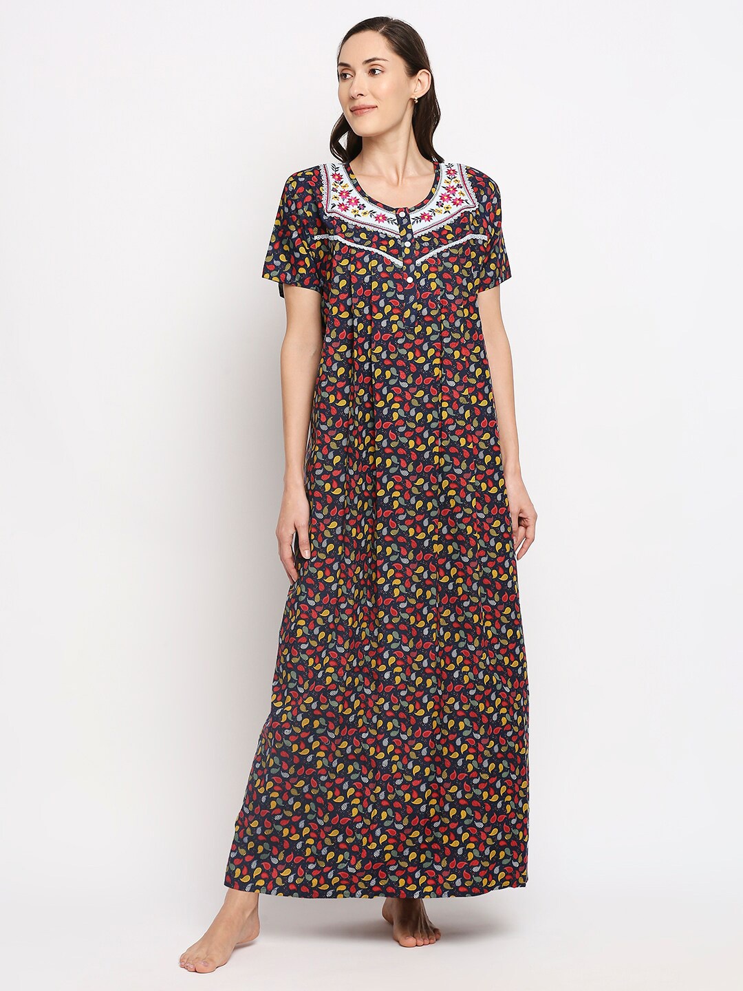 

Pretty Awesome Navy Blue Printed Cotton Blend Maxi Nightdress