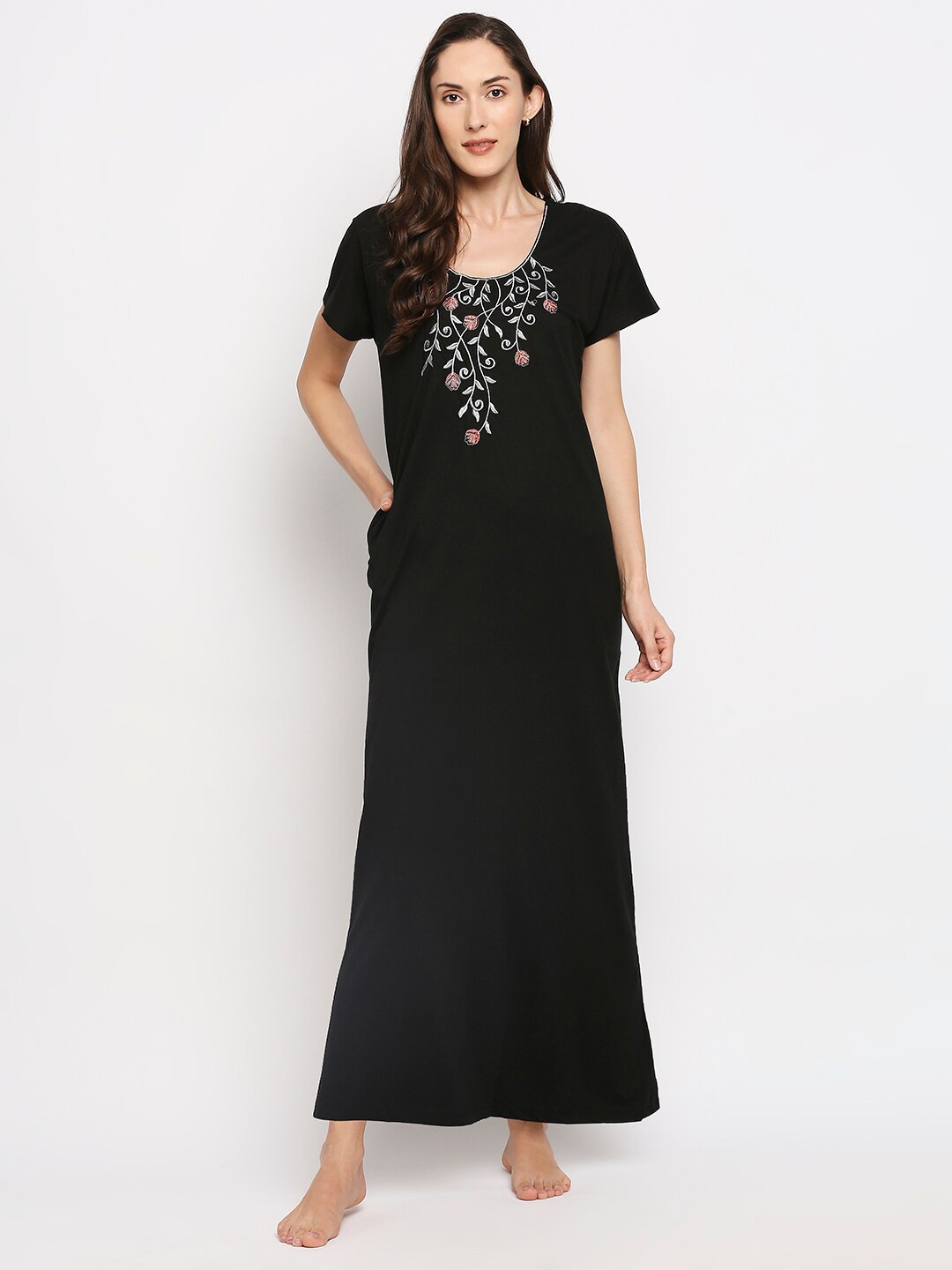 

Pretty Awesome Black Embroidered Maxi Nightdress