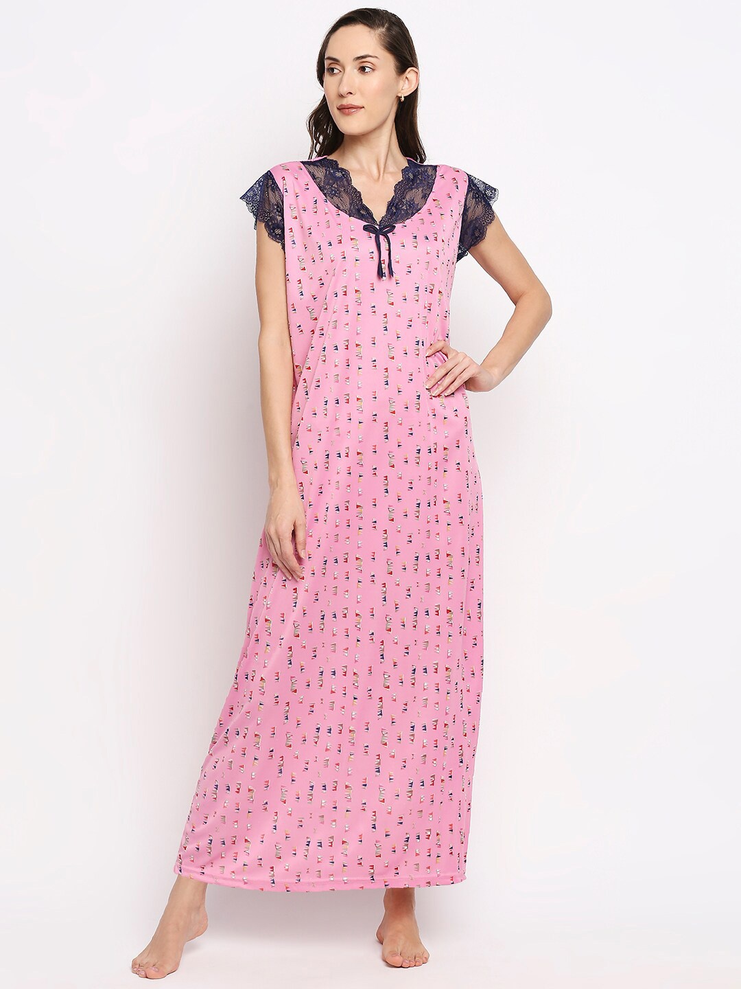 

Pretty Awesome Women Pink Geometric Printed Maxi Nightdress