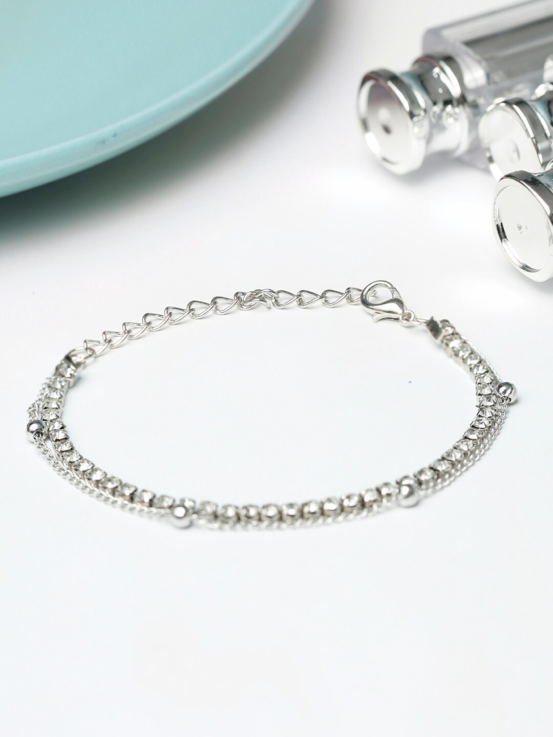 

PRITA BY PRIYAASI Women Silver-Plated & White Brass American Diamond Link Bracelet