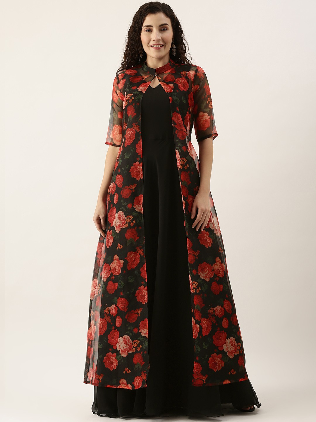 

Ethnovog Women Black Red Layered Georgette A-Line Maxi Dress with a Organza Jacket
