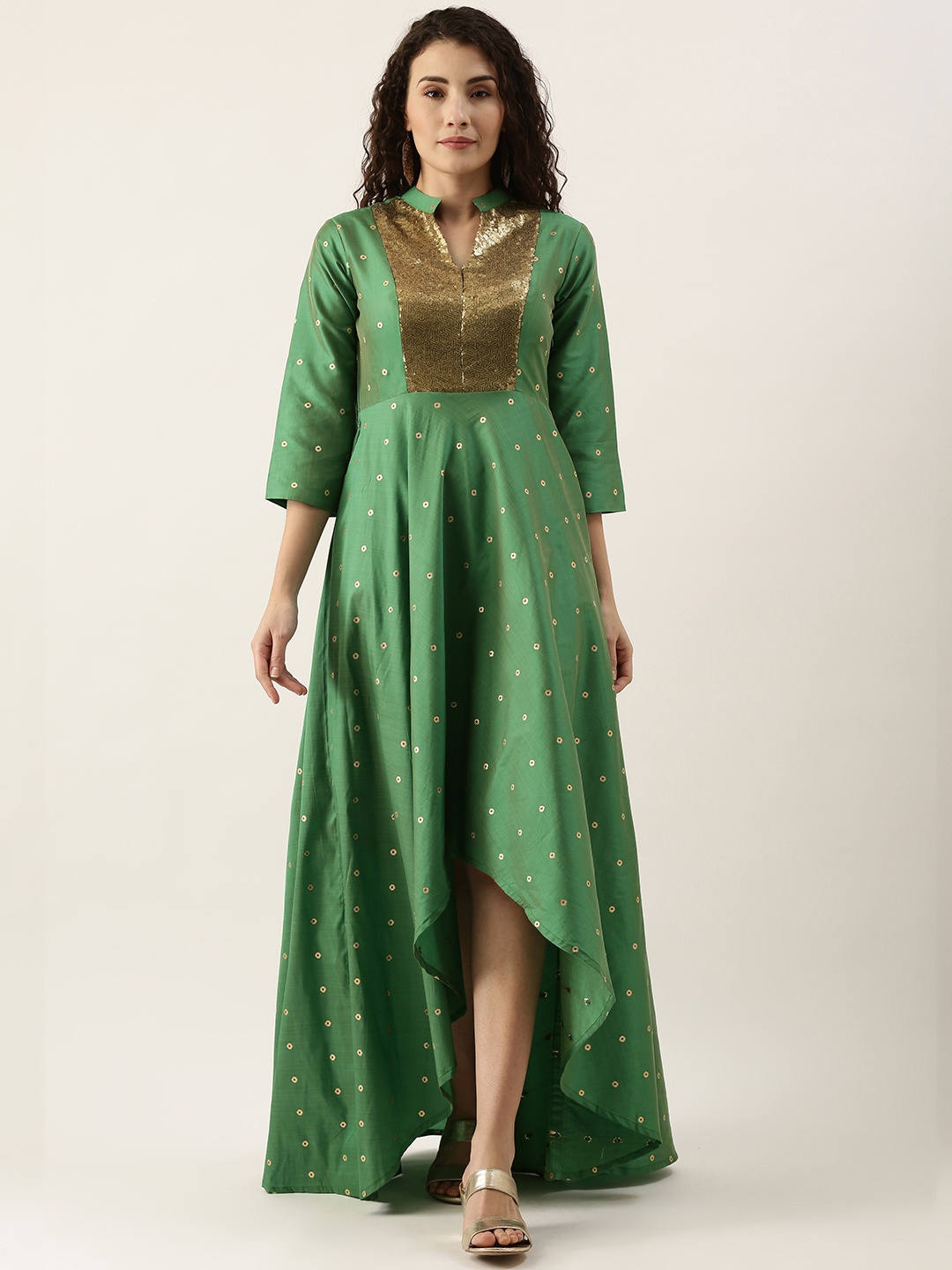 

Ethnovog Women Green Golden Embellished High-low Maxi Dress