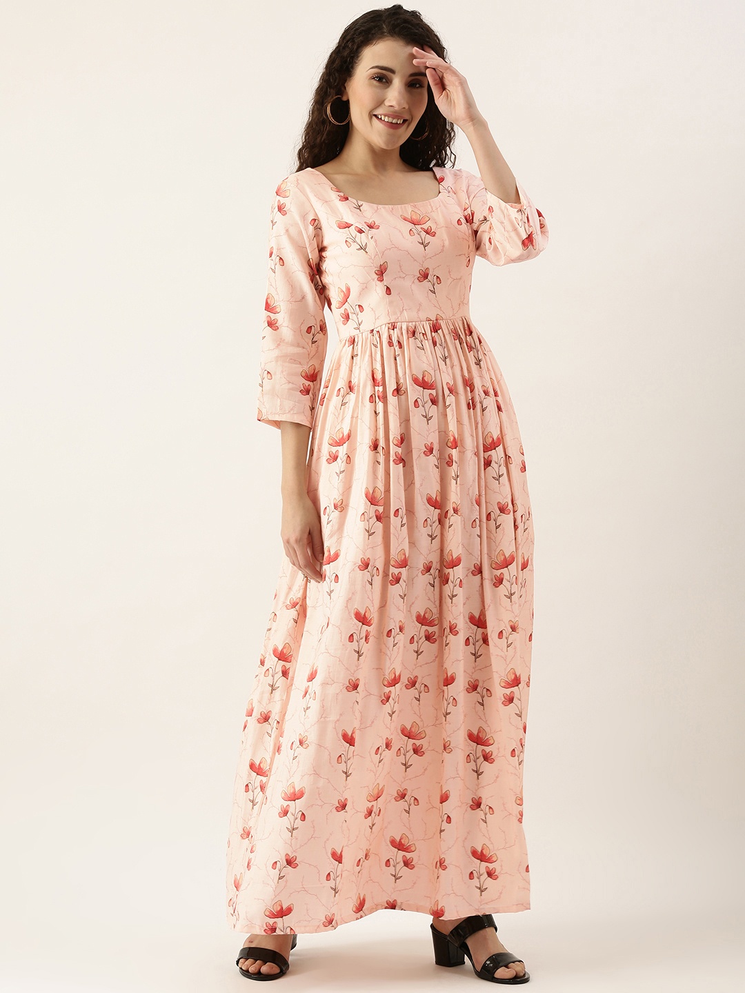 

Ethnovog Women Off White Pink Floral Printed A-Line Maxi Dress