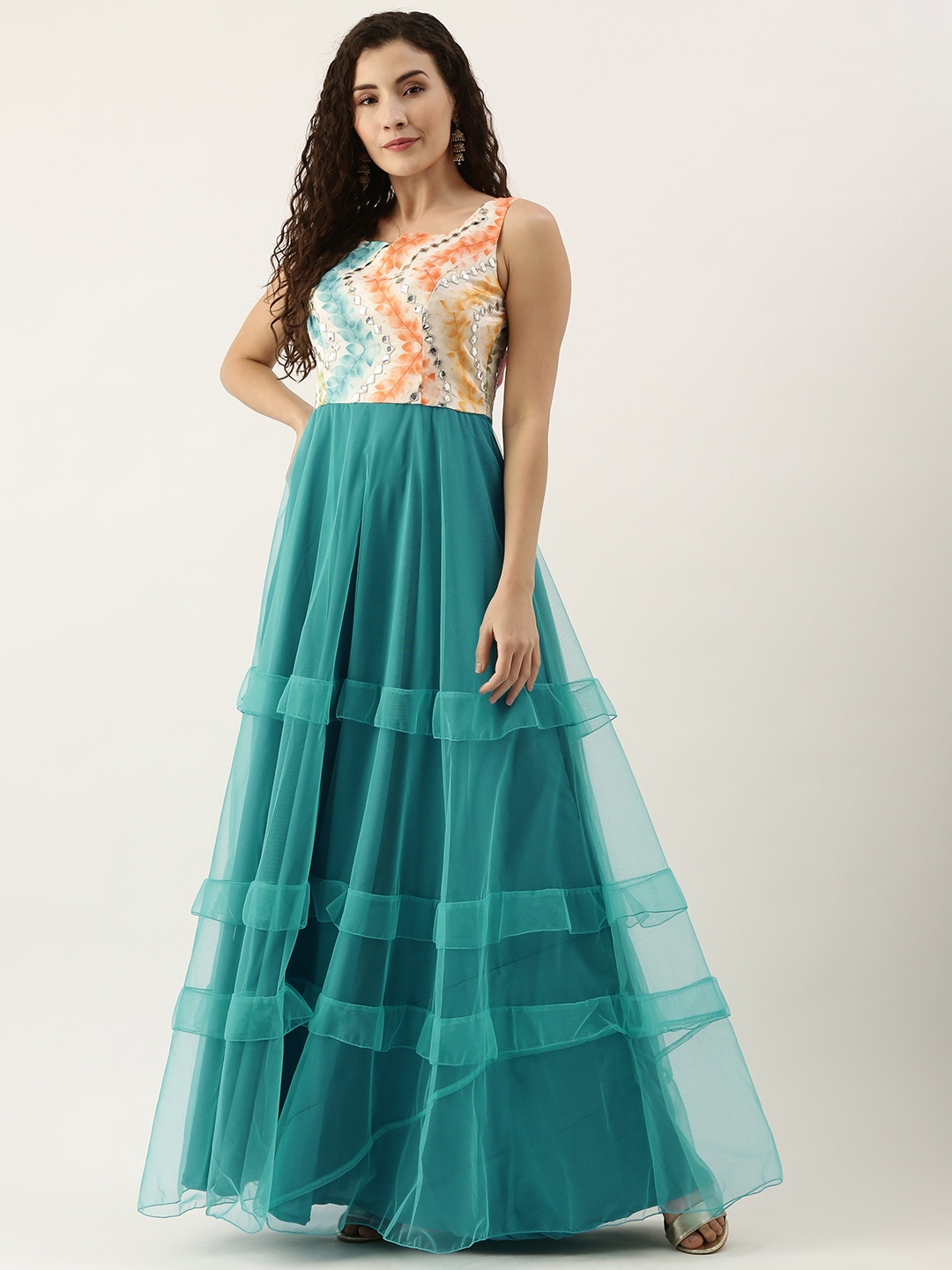 

Ethnovog Women Blue White Floral Embroidered Net A-Line Maxi Dress