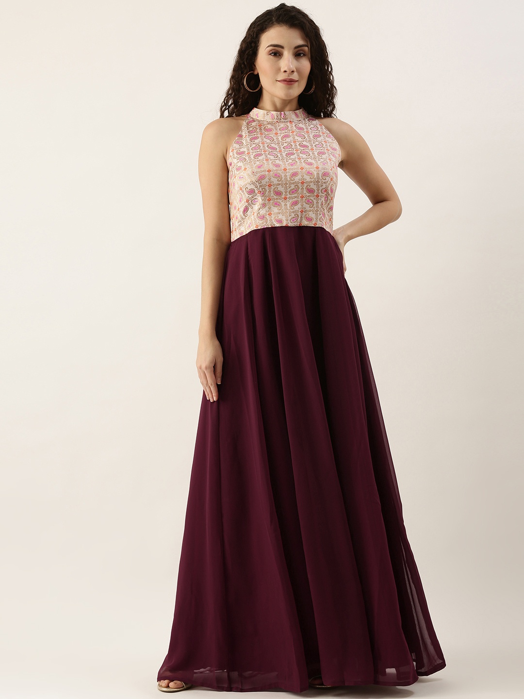 

Ethnovog Women Burgundy Off White Ethnic Motifs Woven Georgette Maxi Dress