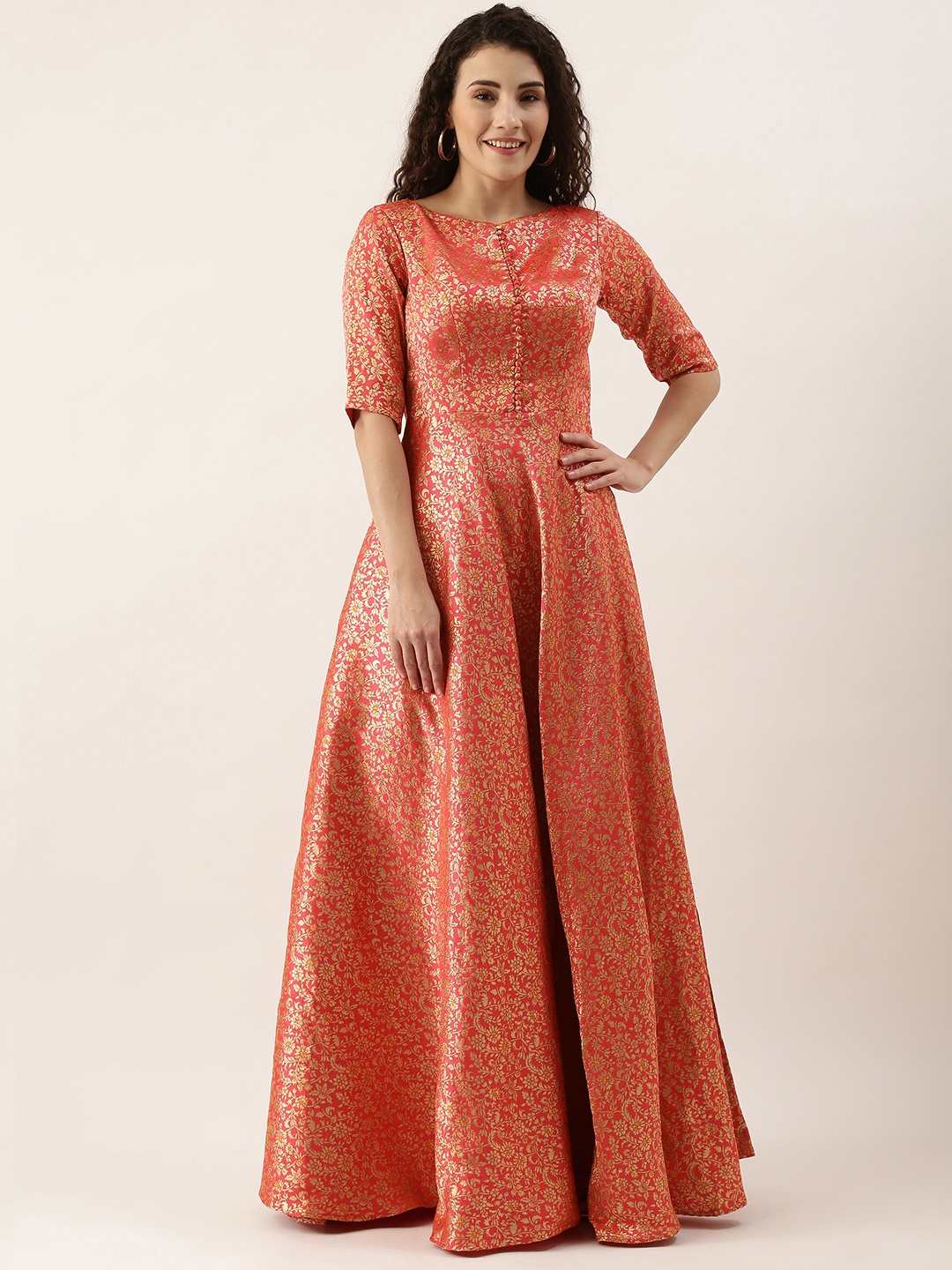 

Ethnovog Women Pink Golden Floral A-Line Maxi Dress
