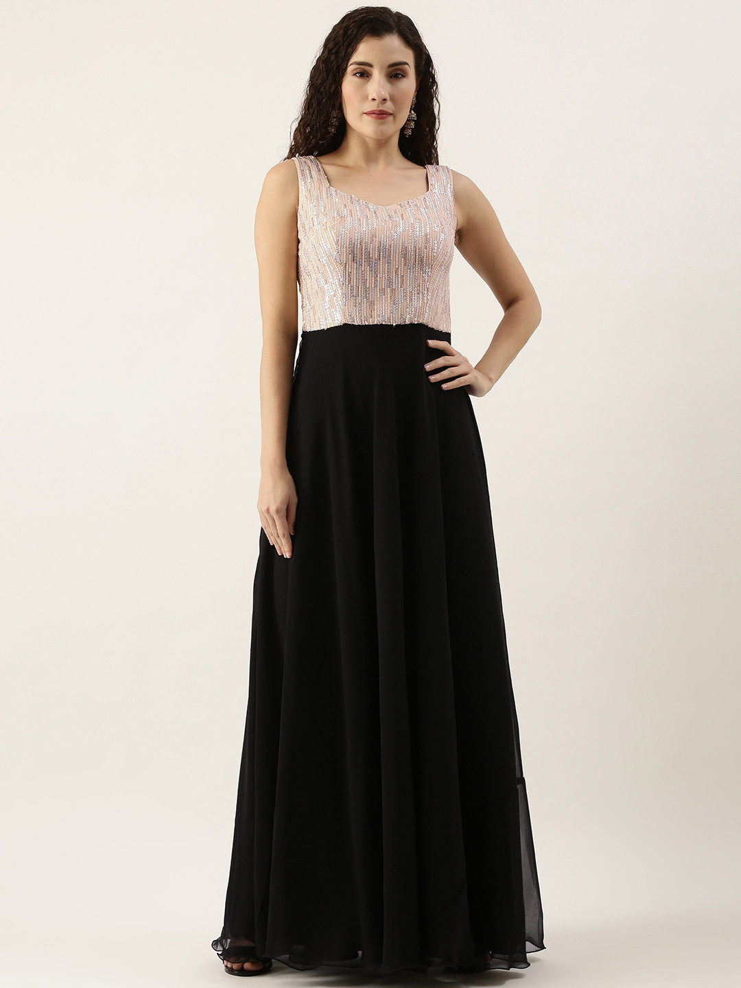 

Ethnovog Women Black Silver Embroidered Georgette A-Line Maxi Dress
