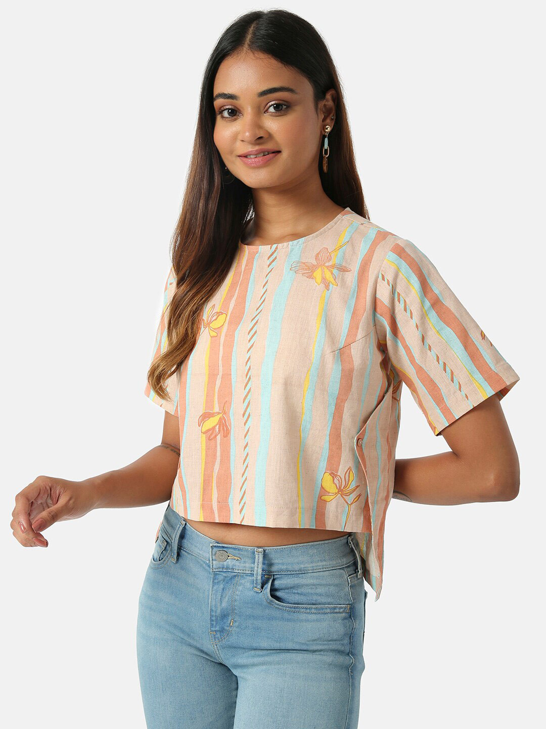 

Saaki Beige & Peach-Coloured Striped Crop Top
