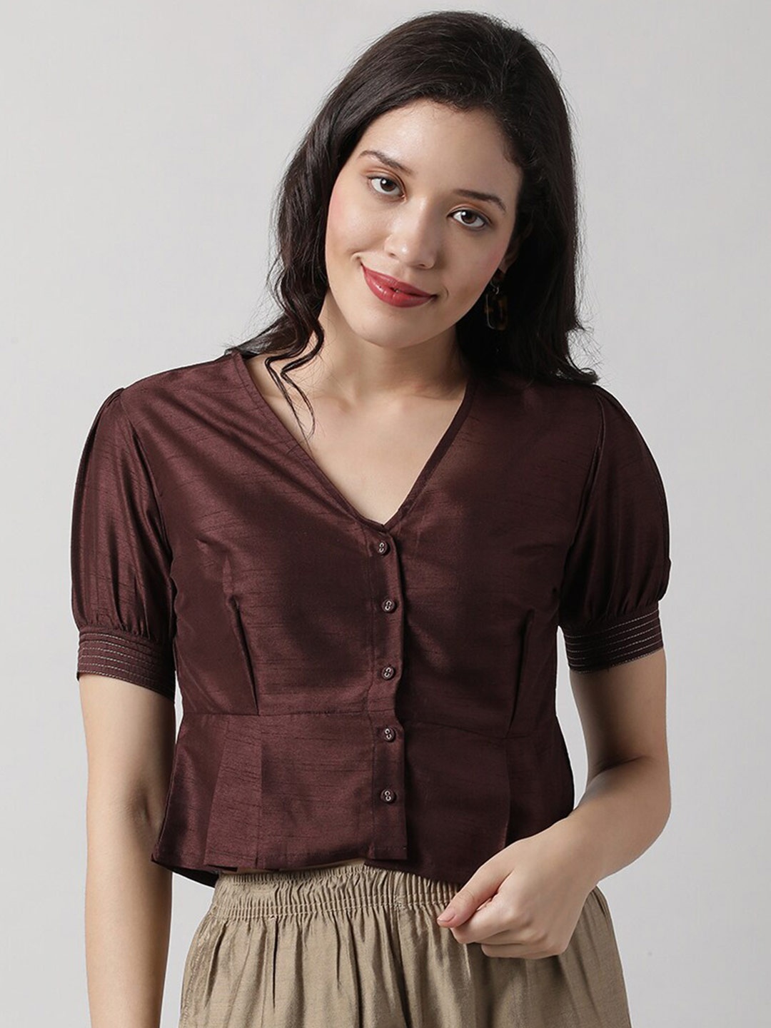 

Saaki Brown Shirt Style V-Neck Top