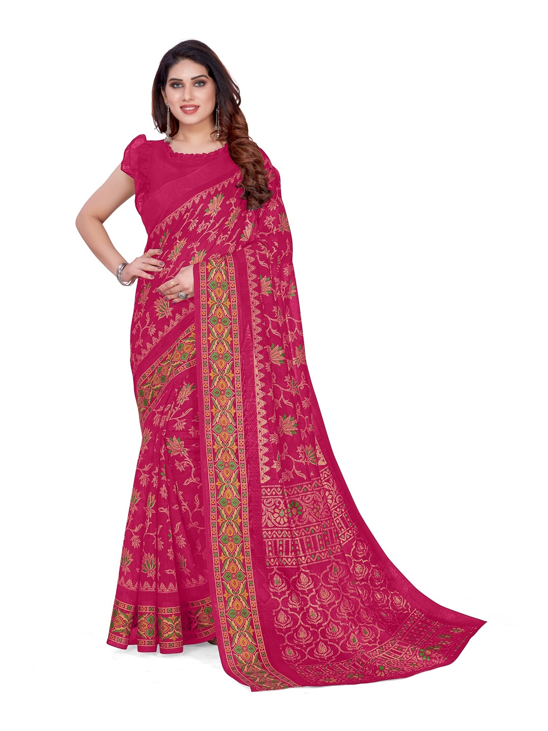 

KALINI Pink & Green Floral Zari Saree