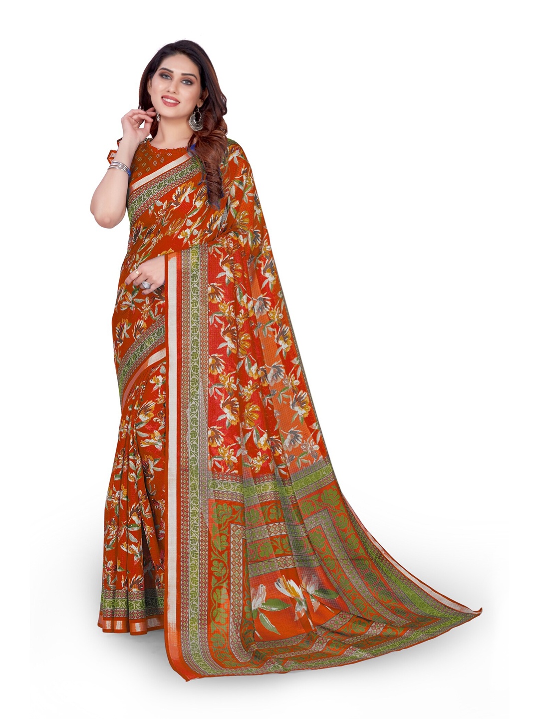 

KALINI Orange & White Floral Zari Saree