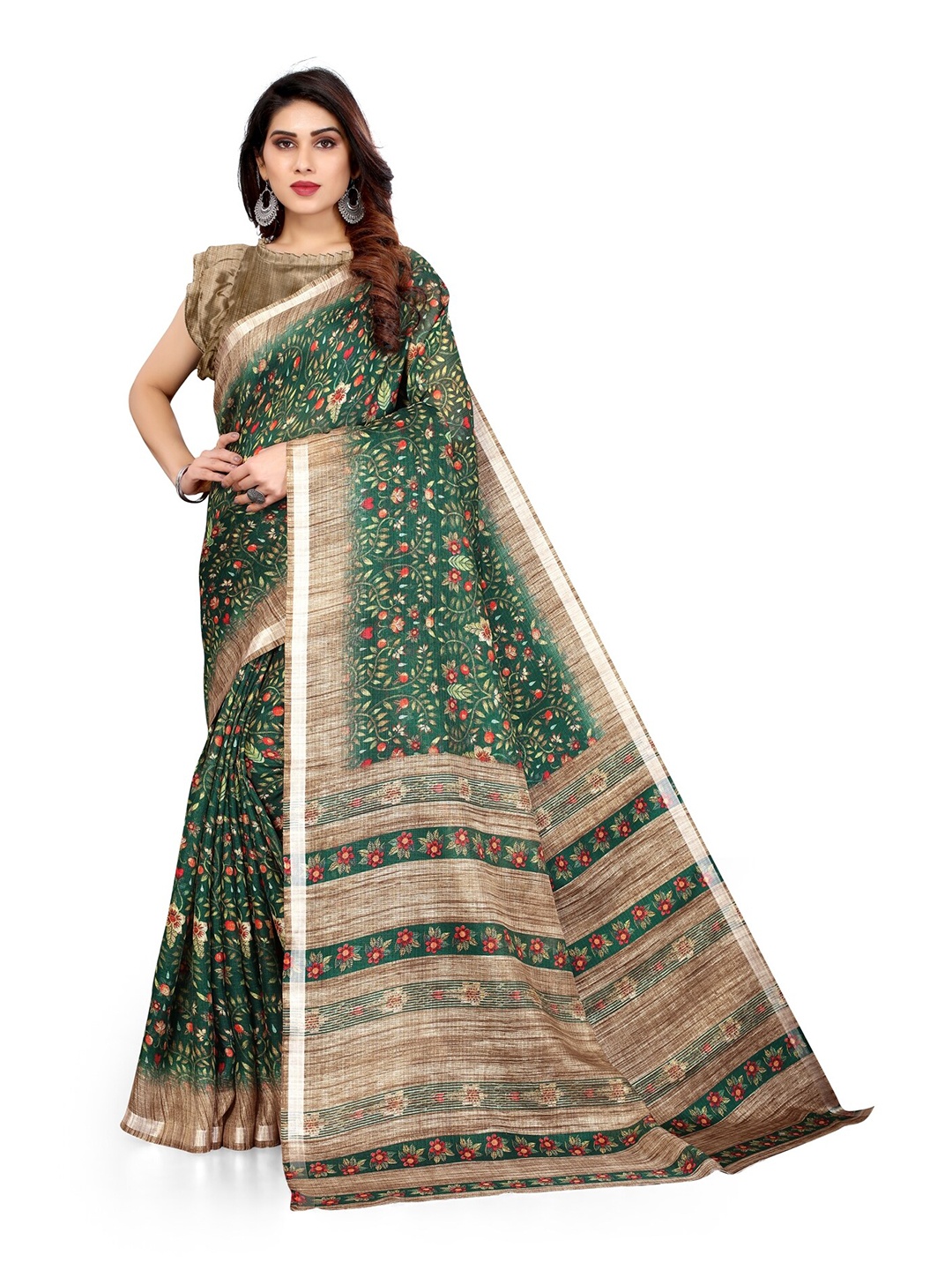 

KALINI Green & Tan Floral Printed Bagh Saree