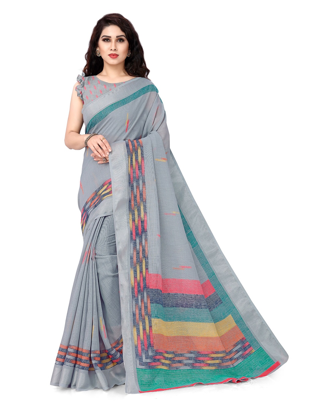 

KALINI Grey & Green Zari Linen Blend Block Print Saree