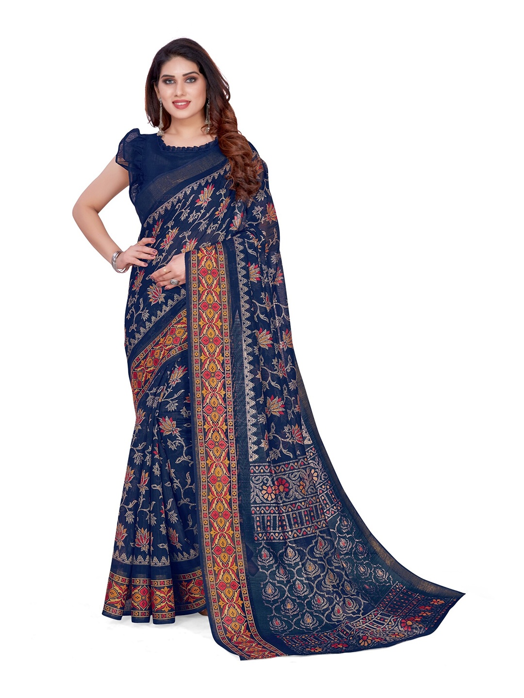 

KALINI Navy Blue & Orange Floral Bagh Saree