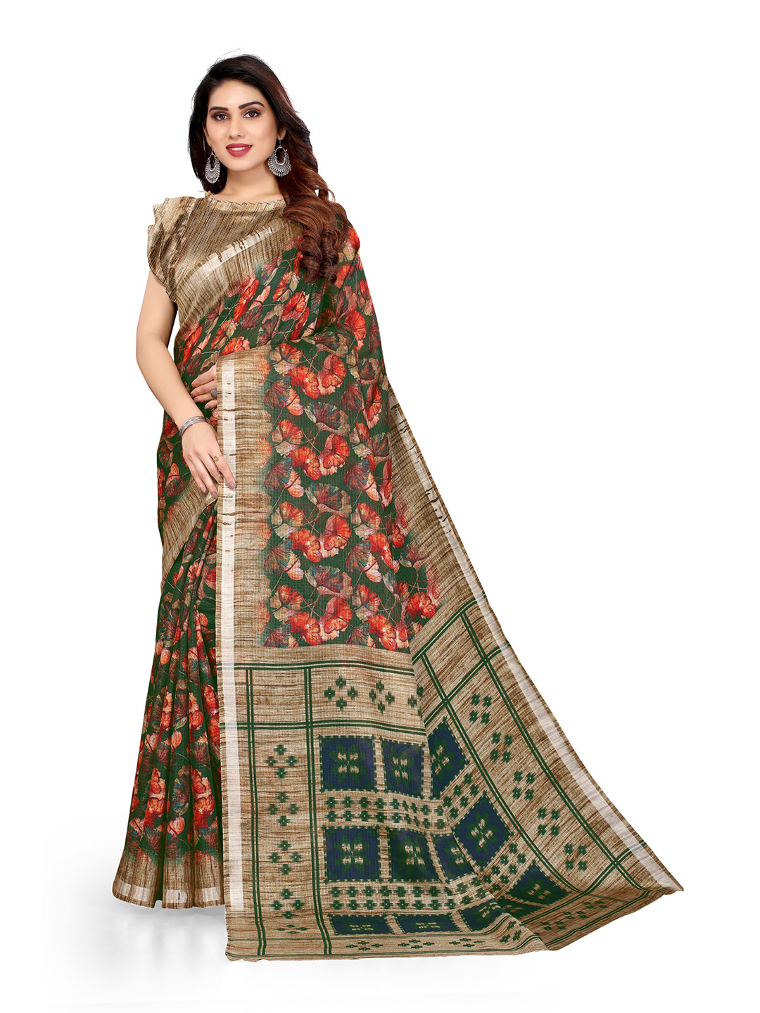 

KALINI Green & Red Floral Printed Bagh Saree