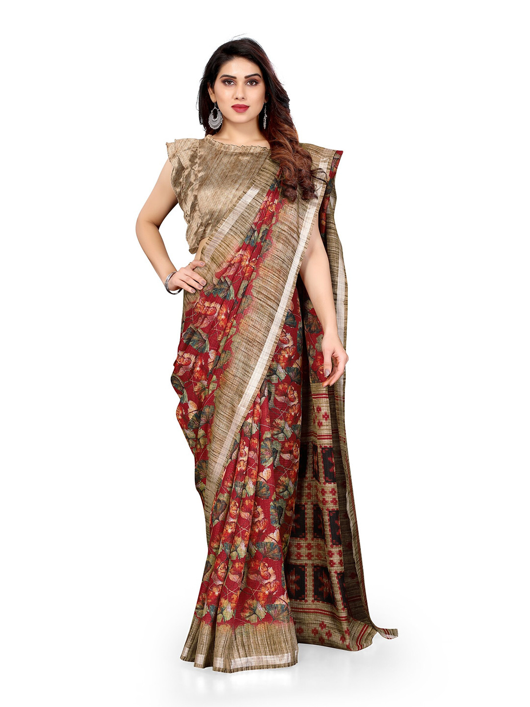 

KALINI Red & Beige Ethnic Motifs Block Print Saree