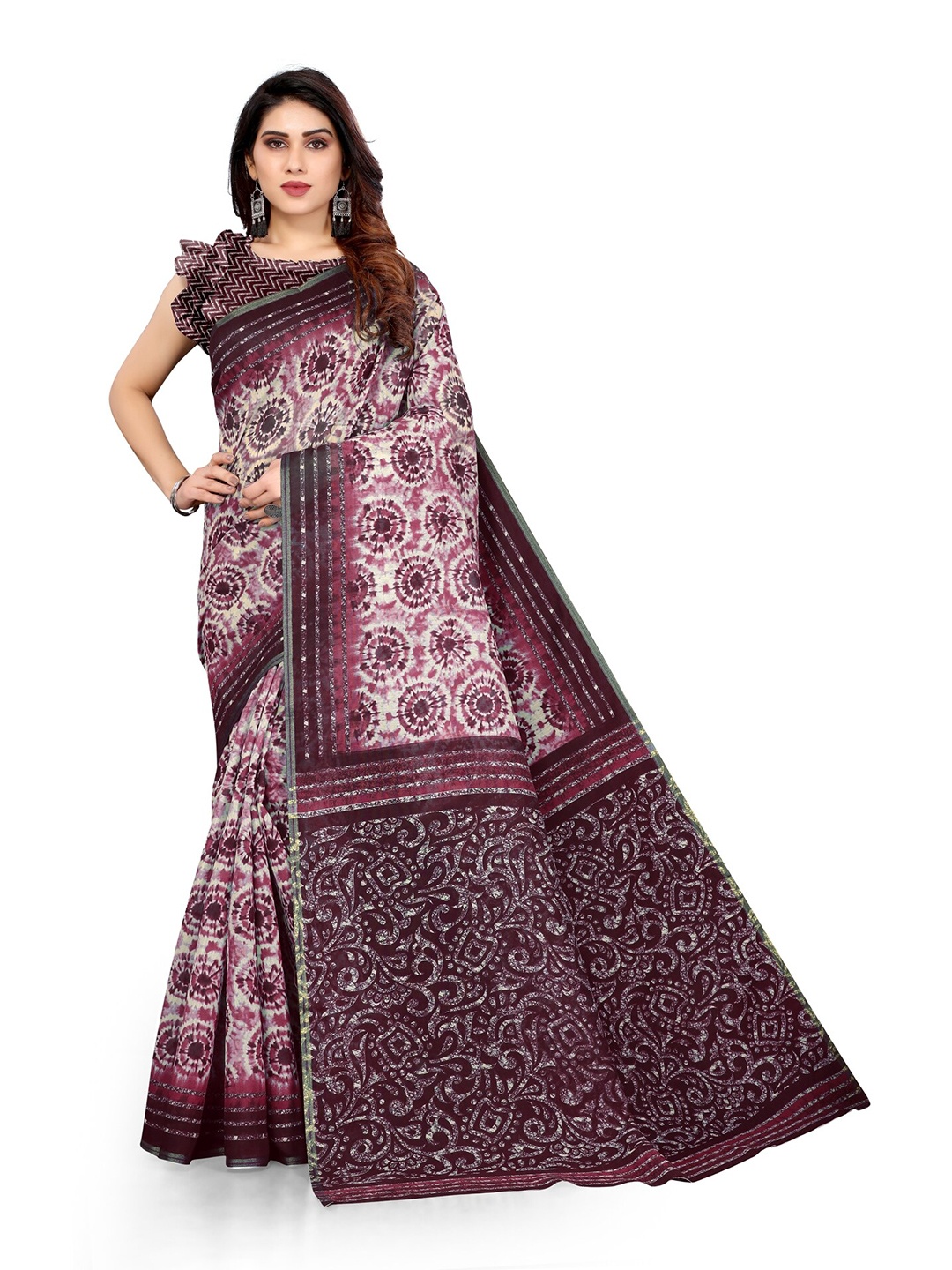 

KALINI Off White & Burgundy Tie and Dye Zari Saree