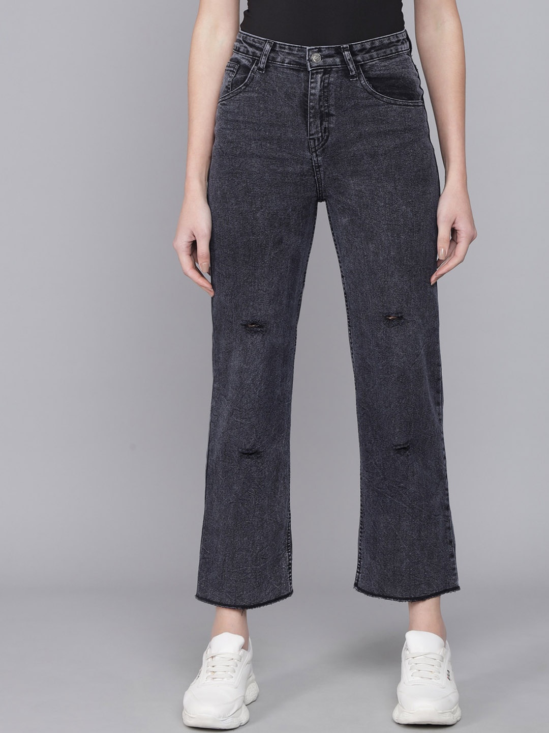 

Kotty Women Black Flared High-Rise Slash Knee Heavy Fade Jeans