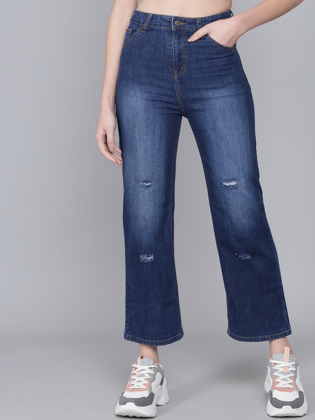 

Kotty Women Blue Flared High-Rise Low Distress Light Fade Cropped Jeans
