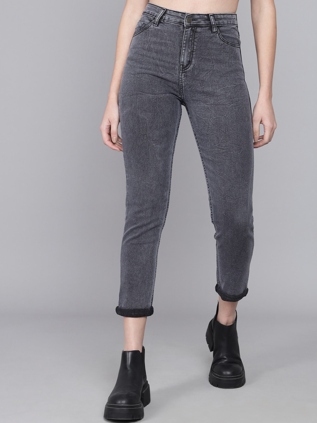 

Kotty Women Grey Skinny Fit High-Rise Slash Knee Jeans