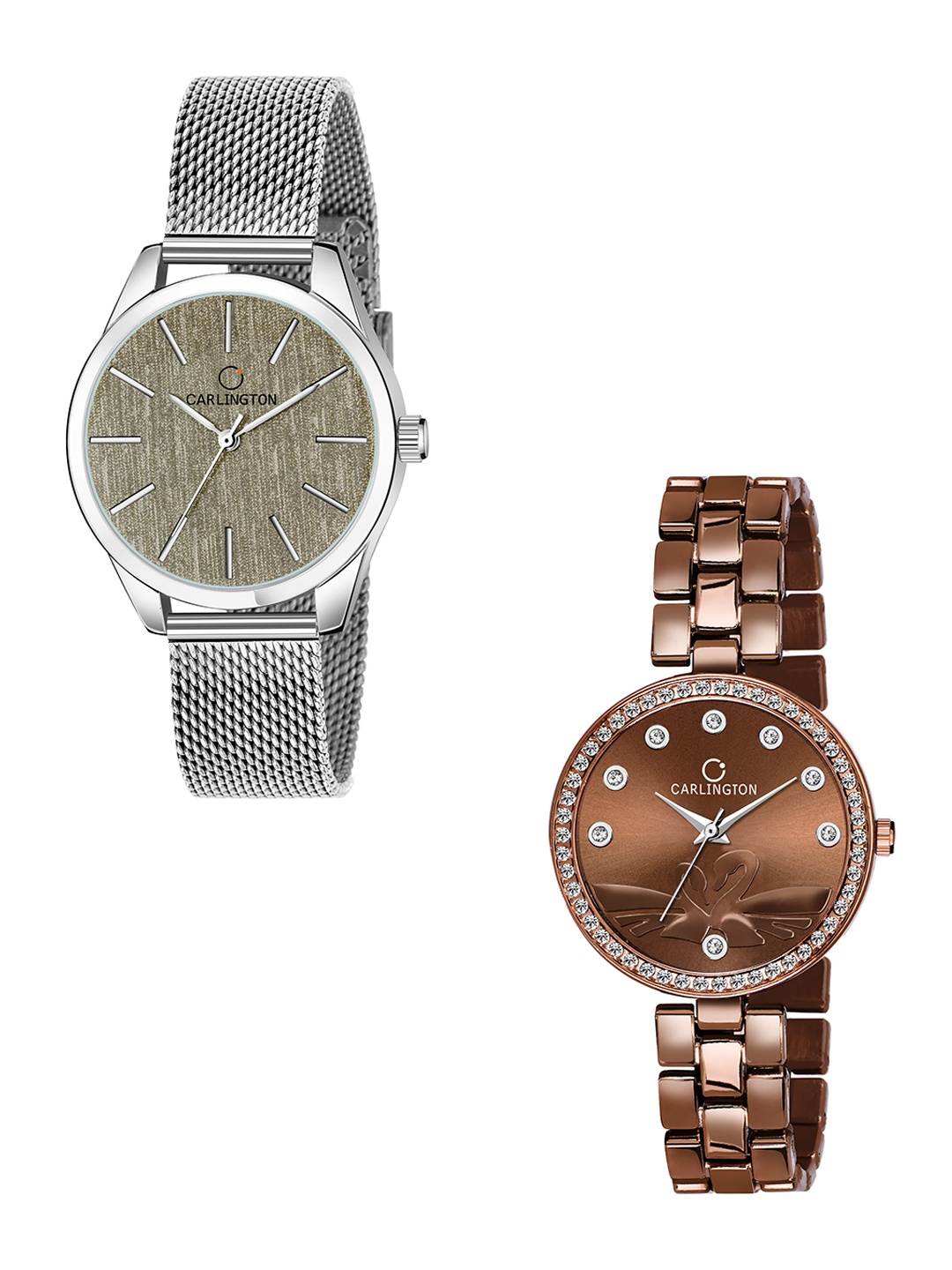 

CARLINGTON Women Brown Pack Of 2 Embellished Steel Bracelet Style Straps Watch, Multi