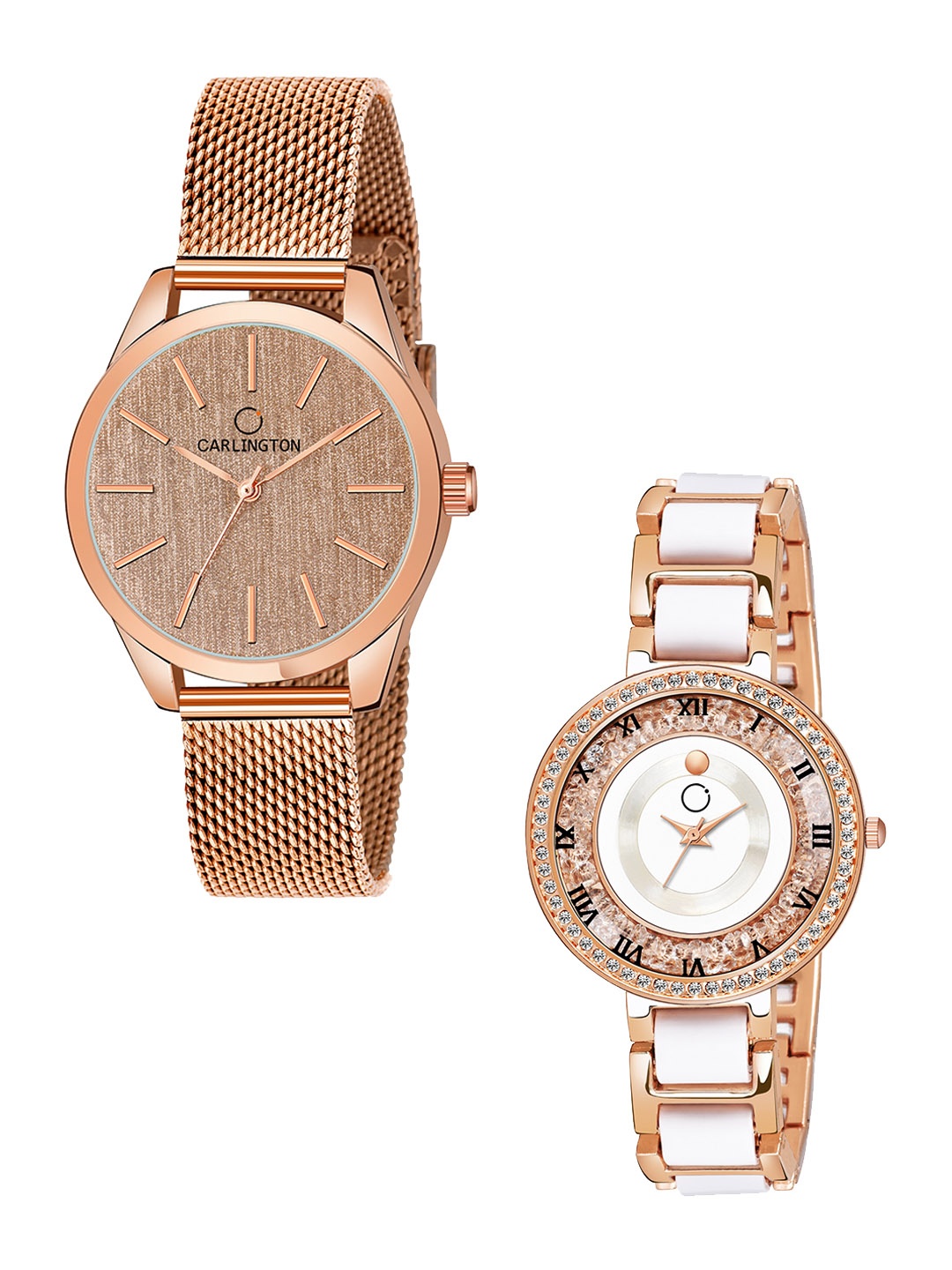 

CARLINGTON Women Set Of 2 Stainless Steel Bracelet Style Straps Watches CT2001, Rose gold