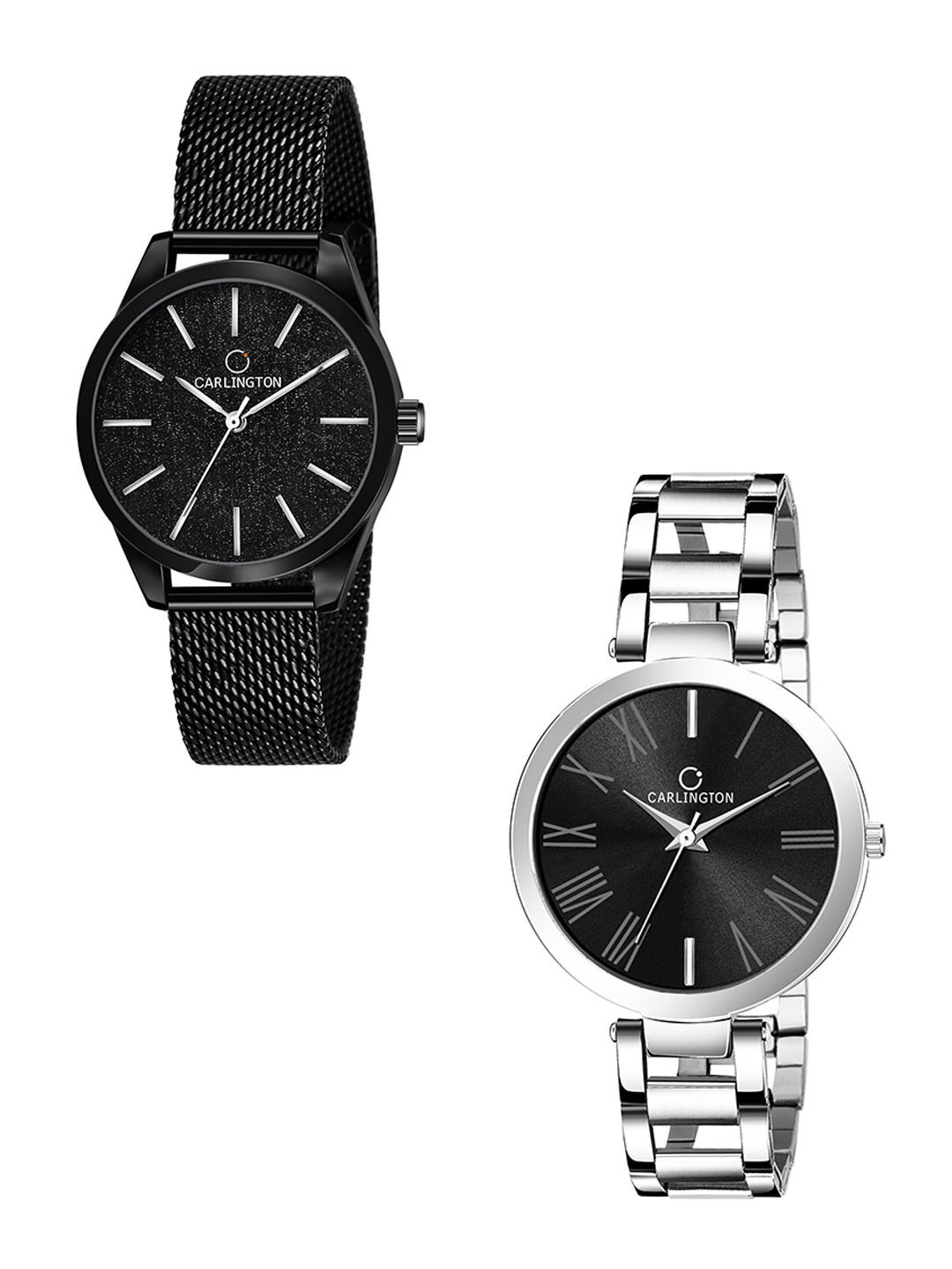 

CARLINGTON Women Set of 2 Black Stainless Steel Bracelet Style Straps Analogue Watch