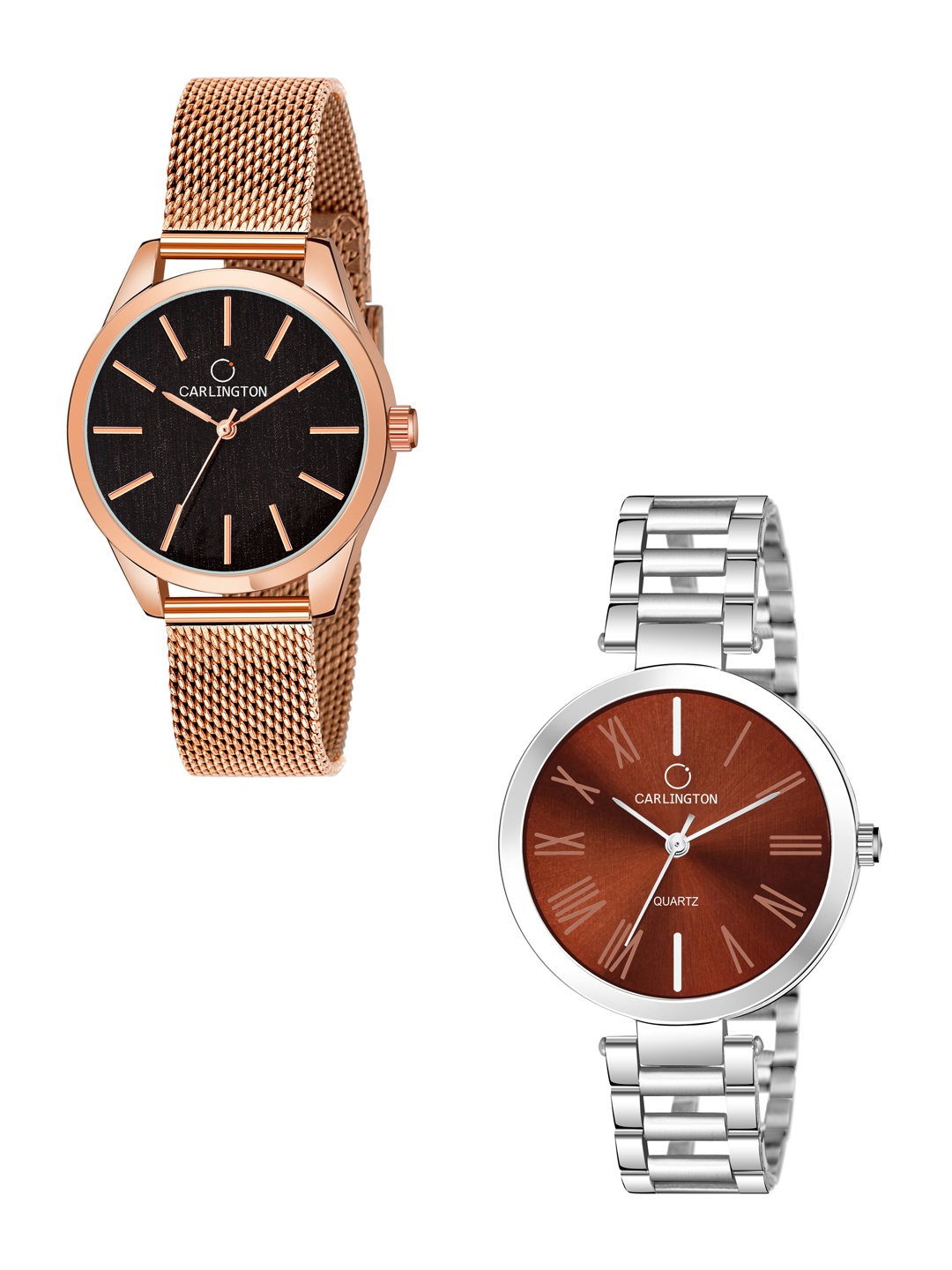 

CARLINGTON Women Brown & Black Pack Of 2 Embellished Steel Bracelet Style Straps Watch, Multi