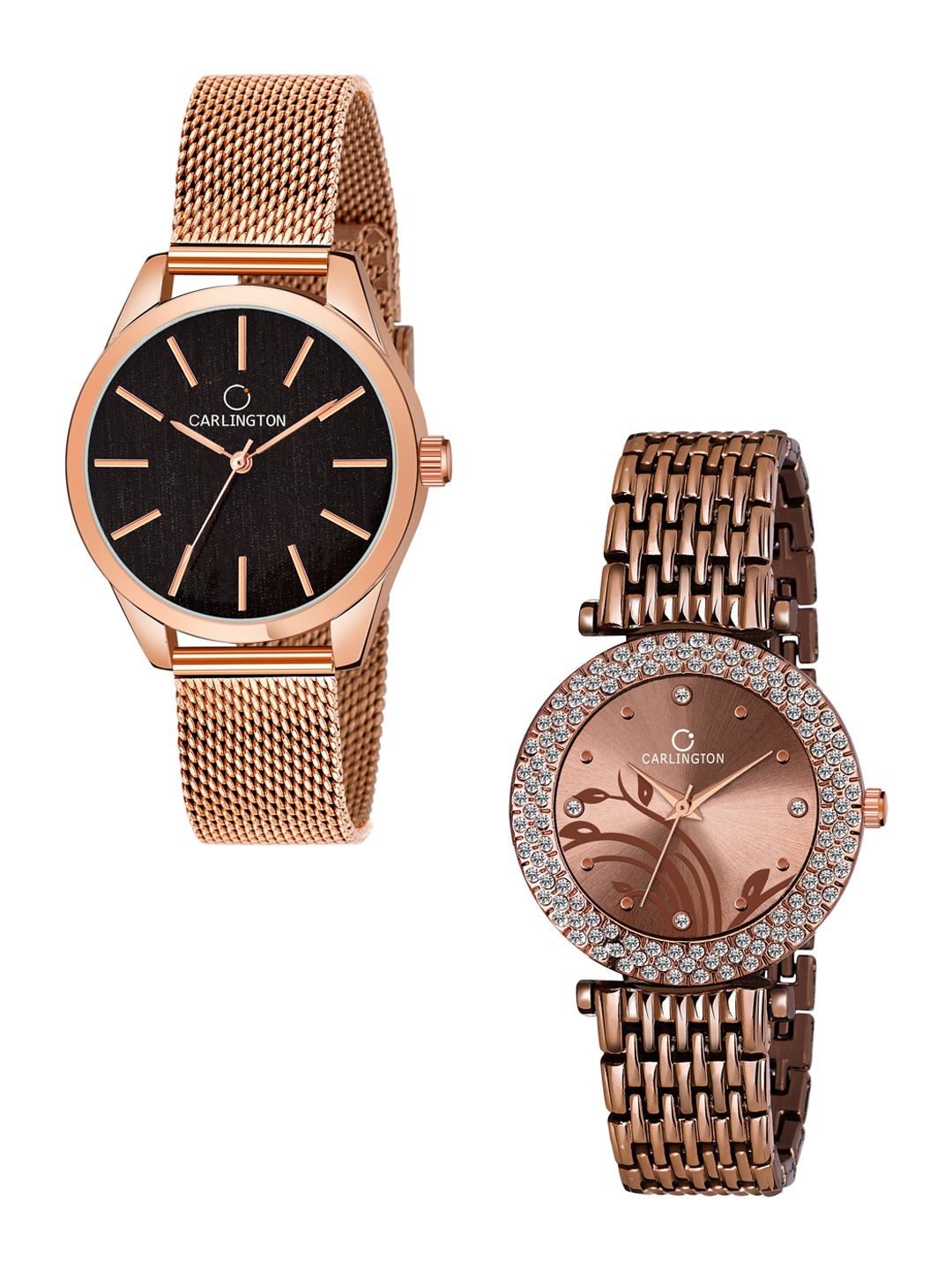 

CARLINGTON Women Brown & Black Pack Of 2 Embellished Bracelet Style Watch, Rose gold