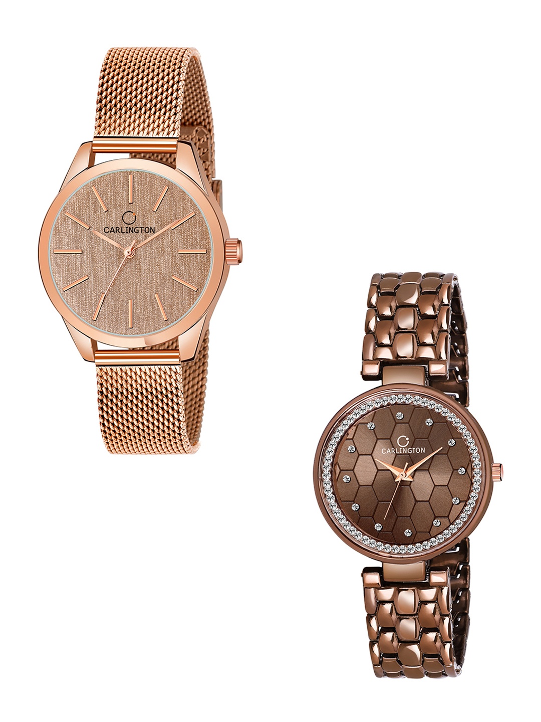 

CARLINGTON Women Set of 2 Analogue Watch - Combo CT2001 RoseGold-Hexa Brown, Rose gold