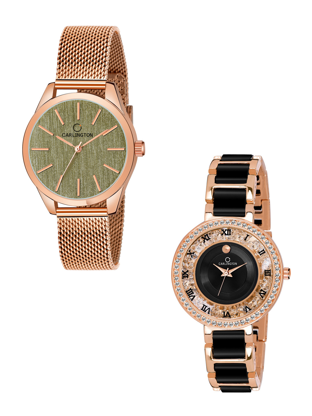 

CARLINGTON Women Set of 2 Rose Gold Toned Stainless Steel Bracelet Style Straps Watch