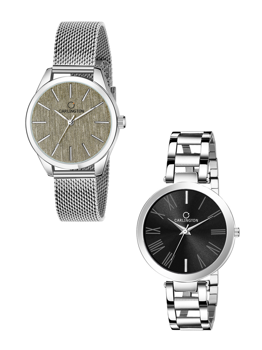 

CARLINGTON Women Brown & Beige Pack Of 2 Stainless Steel Bracelet Style Straps Watch, Black
