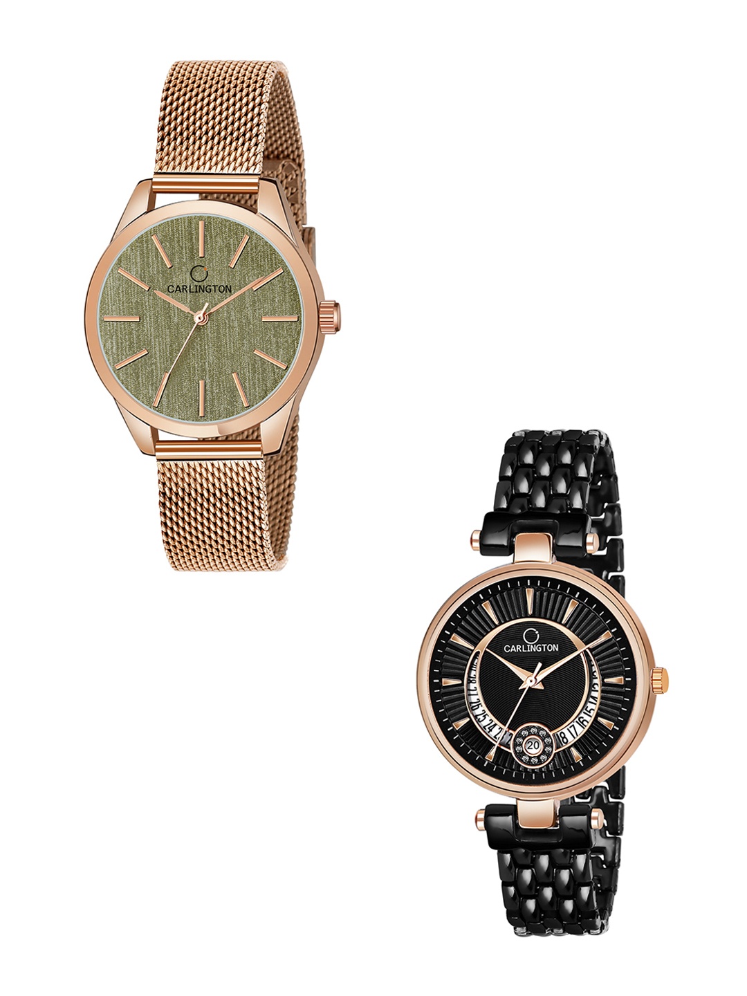 

CARLINGTON Women Set Of 2 Stainless Steel Analogue Watch CT2001 RoseGreen-Bella Black, Rose gold