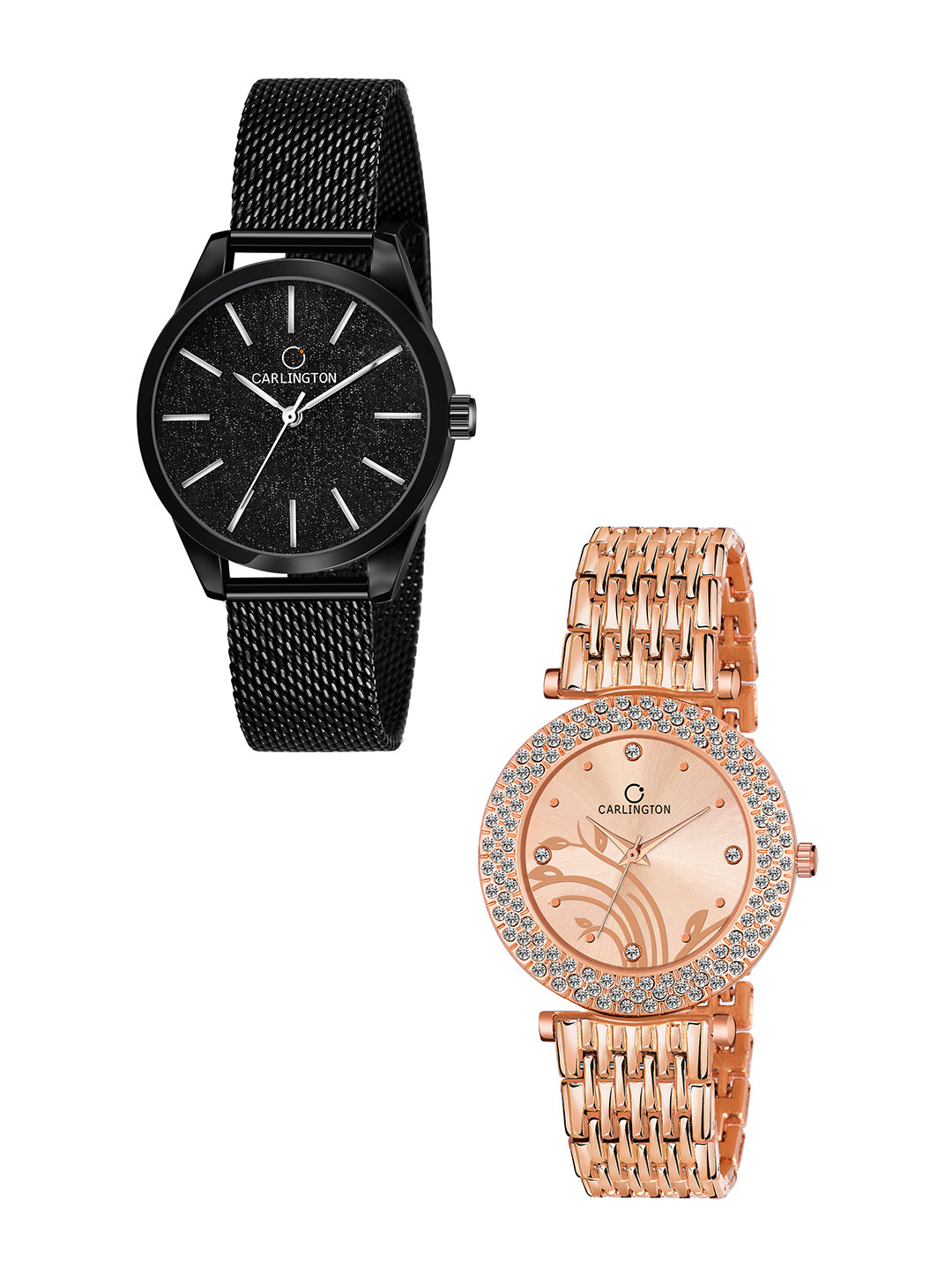 

CARLINGTON Women Black & Rose Gold Set of 2 Stainless Steel Bracelet Style Analogue Watch