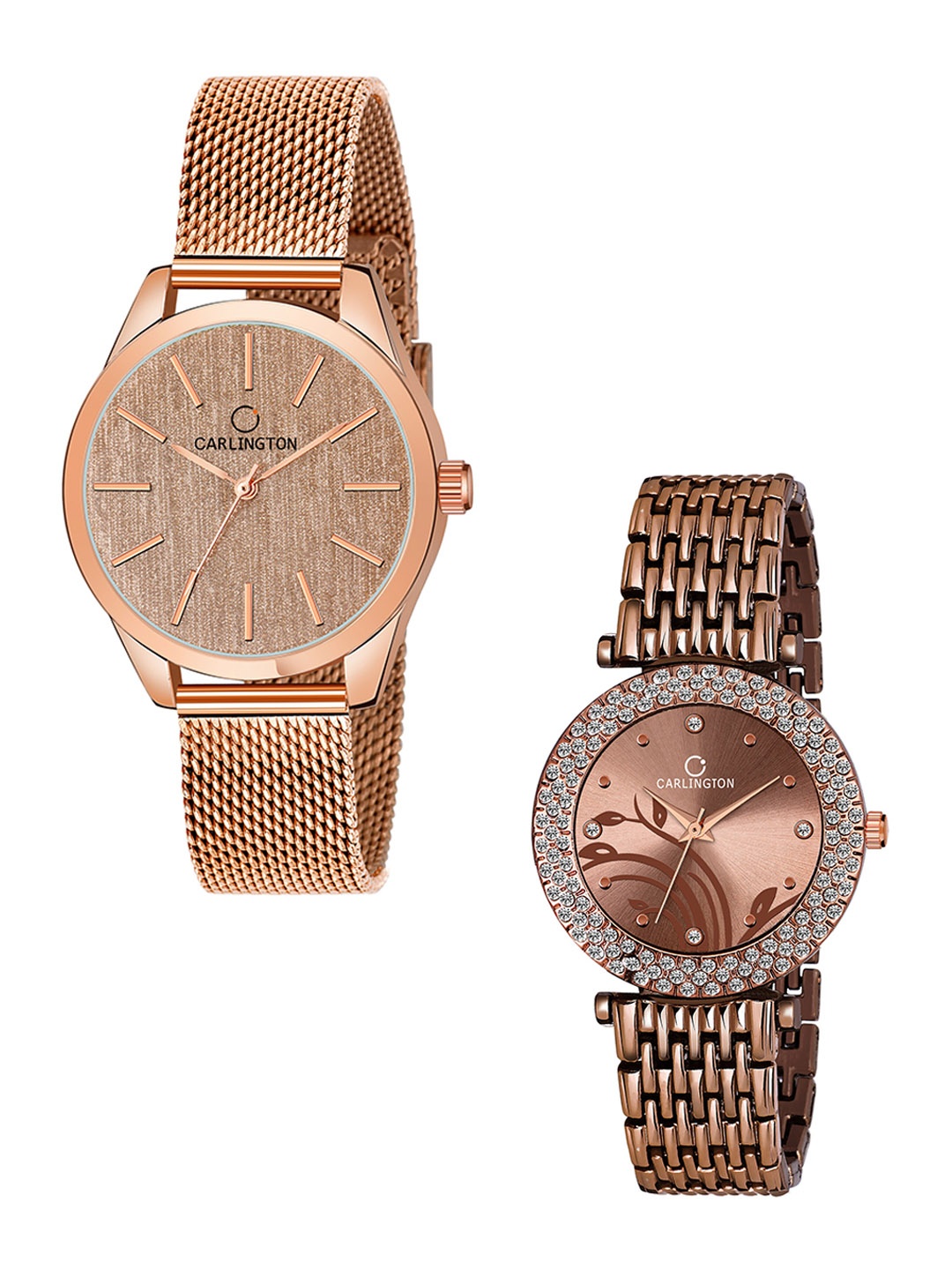 

CARLINGTON Women Set Of 2 Stainless Steel Watch Combo CT2001 RoseGold-Flower Brown, Rose gold