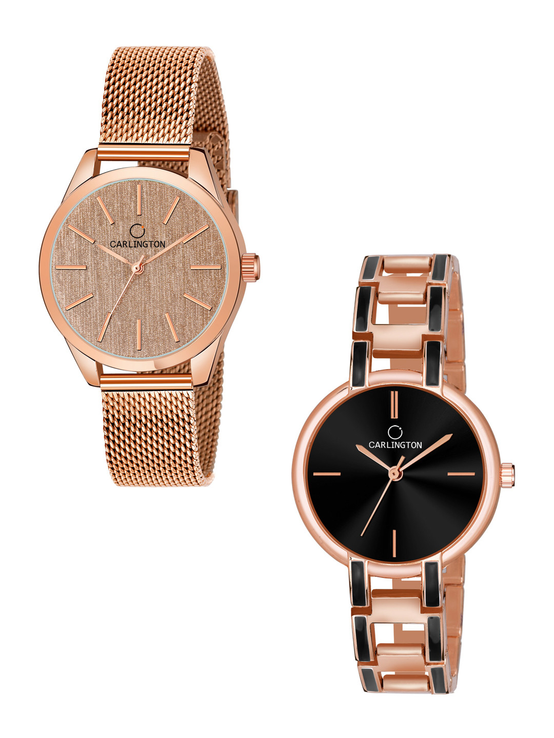 

CARLINGTON Women Brown & Black Pack Of 2 Embellished Steel Bracelet Style Straps Watch, Multi