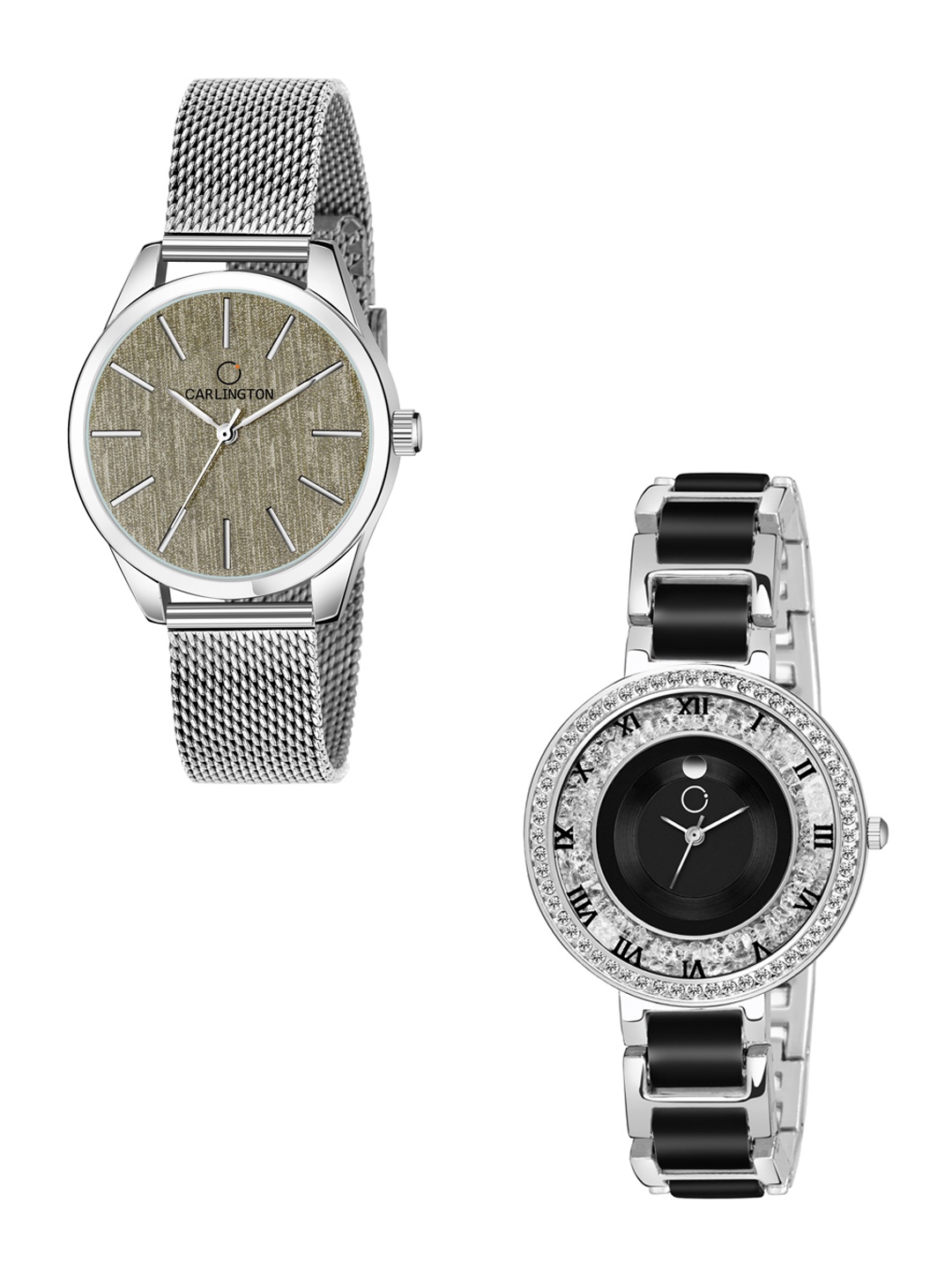 

CARLINGTON Women Set Of 2 Stainless Steels Watch Combo CT2001 Silver-Mova SteelBlack