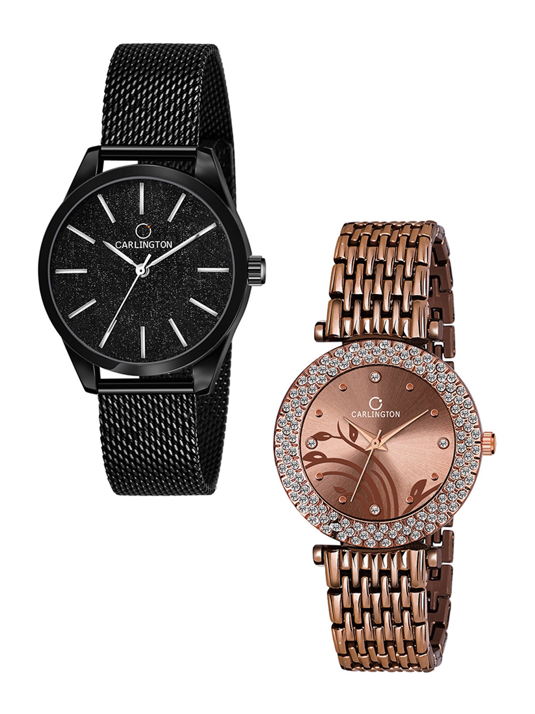 

CARLINGTON Women Rose Gold & Black Pack Of 2 Embellished Bracelet Style Straps Watch