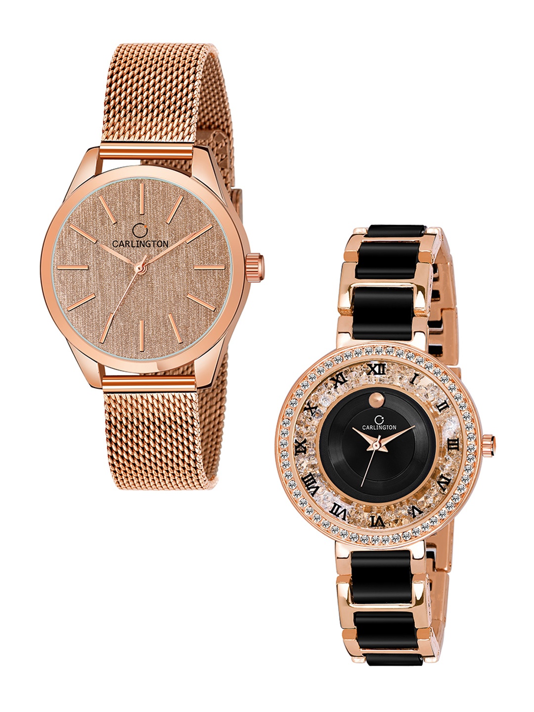 

CARLINGTON Women Set of 2 Analogue Watch - Combo CT2001 RoseGold-Mova RoseBlack, Rose gold
