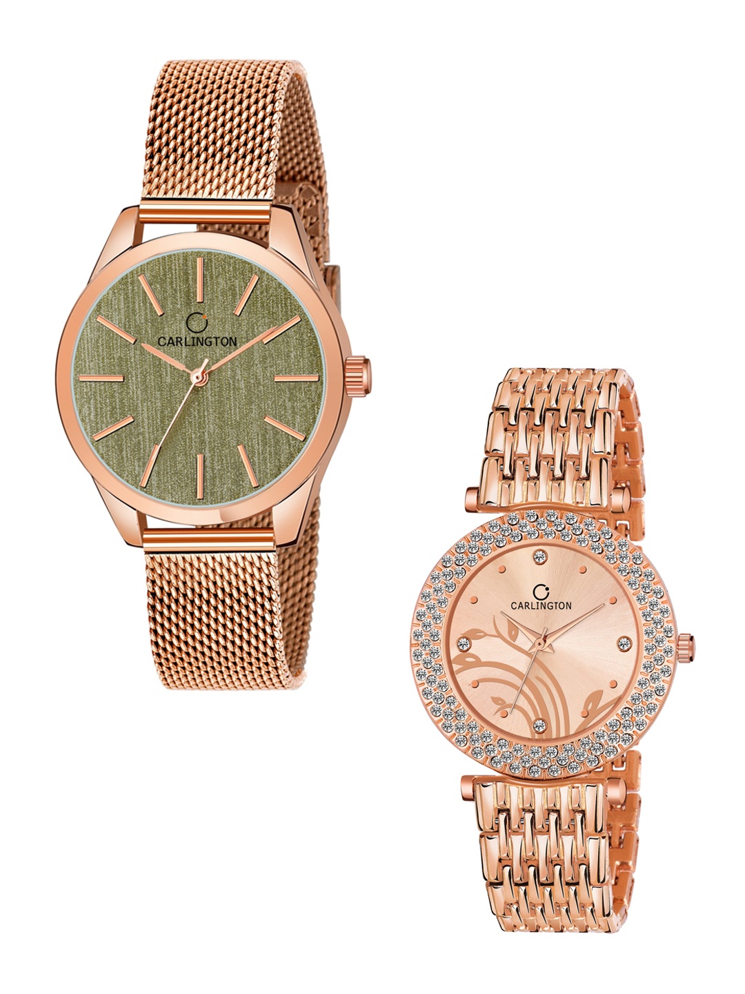 

CARLINGTON Women Set of 2 Rose Gold Toned Stainless Steel Bracelet Style Straps Watch