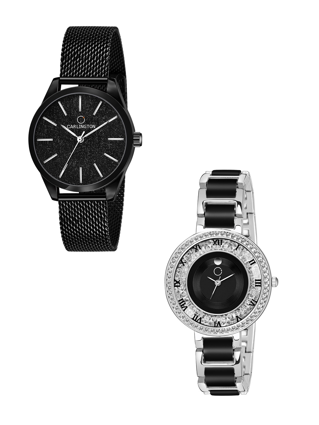 

CARLINGTON Women Black & Silver Set of 2 Stainless Steel Bracelet Style Analogue Watch