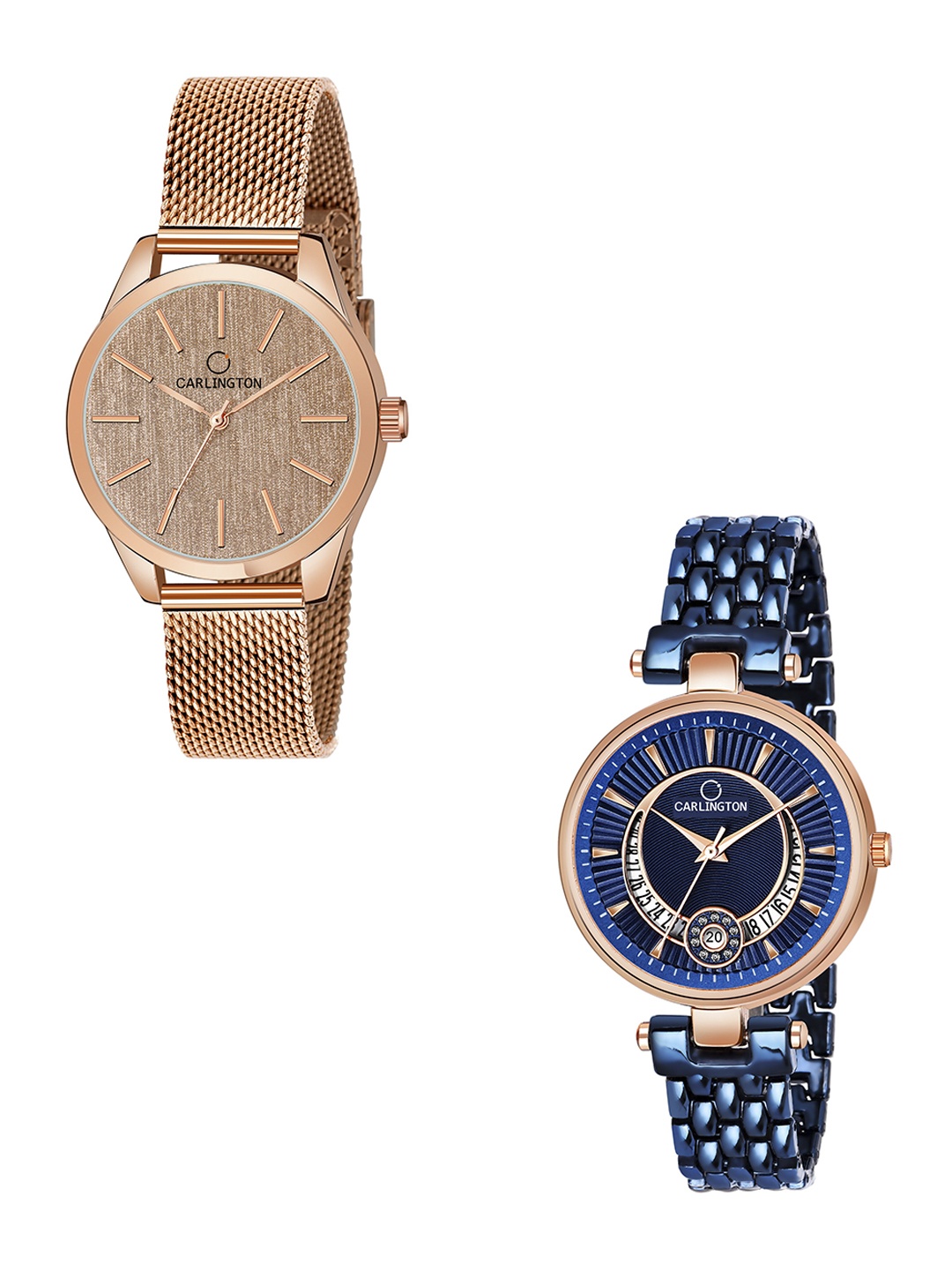 

CARLINGTON Women Blue & Rose Gold Pack Of 2 Embellished Bracelet Style Analogue Watch