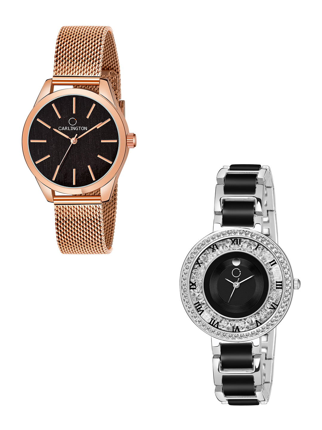 

CARLINGTON Women Set of 2 Analogue Watch - Combo CT2001 RoseBlack-Mova SteelBlack, Black