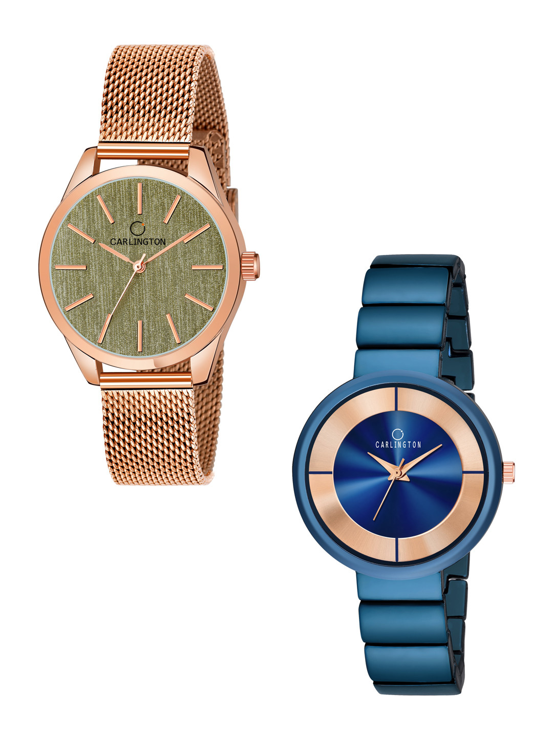 

CARLINGTON Women Pack Of 2 Stainless Steel Analogue Watch CT2001 RoseGreen-Platina Blue, Rose gold