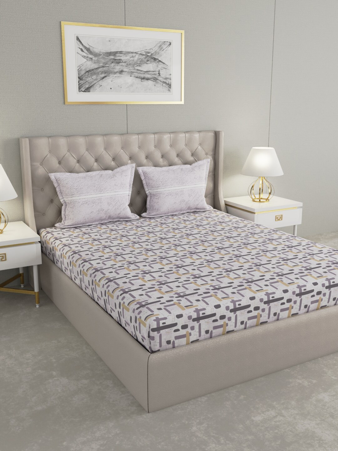 

MYTRIDENT Lavender Grey Geometric 144 TC Queen Bedsheet with 2 Pillow Covers